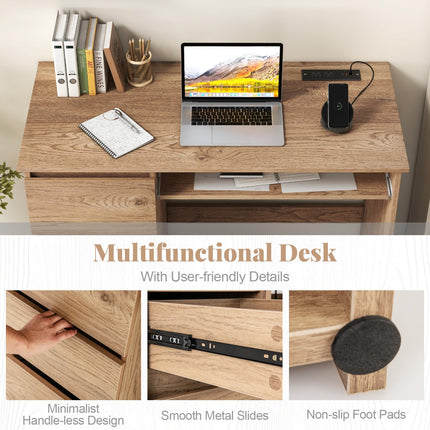 Dreamade Computer Desk with Power Outlet, Modern Office Desk with Keyboard Tray & 3 Large Drawers