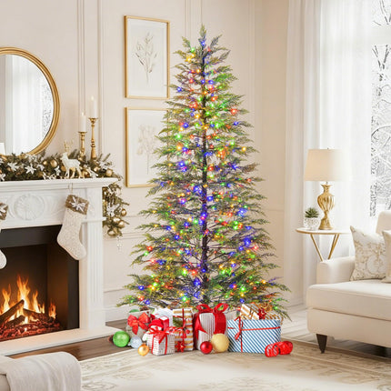 Dreamade 6.5FT / 7.5FT Pre-Lit Hinged Sparse Xmas Fir Tree with Multicolored LED Lights