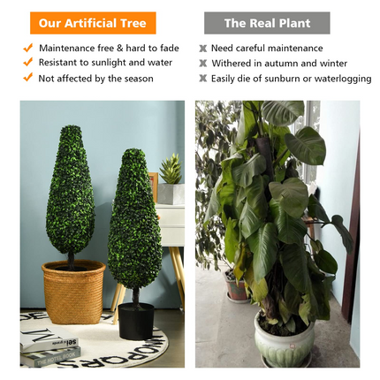 Dreamade 3ft Artificial Boxwood Tower Topiary Trees, 2 Pack Faux Decorative Plants in Cement-Filled Plastic Pot - DreamadeUS
