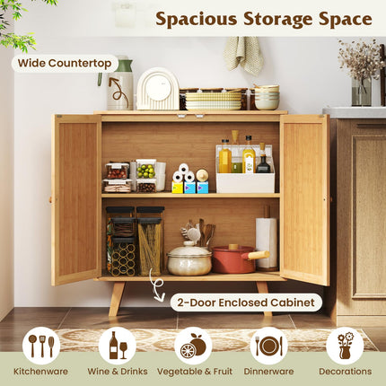 Dreamade 2 Tier Bamboo Sideboard with PE Rattan Decorated Doors