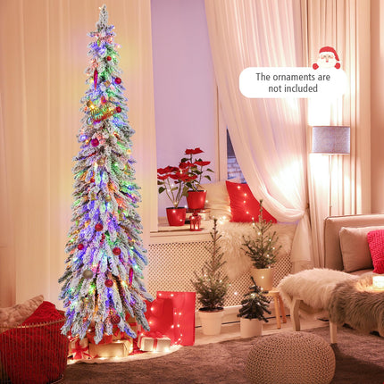 Dreamade 6ft Pre-Lit Flocked Christmas Tree, Artificial Slim Pencil Xmas Tree with 250 LED Lights