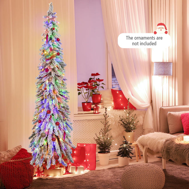 Dreamade 6ft Pre-Lit Flocked Christmas Tree, Artificial Slim Pencil Xmas Tree with 250 LED Lights