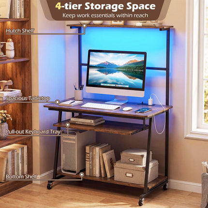 Dreamade 31.5" Small Computer Desk with Charging Station & LED Lights