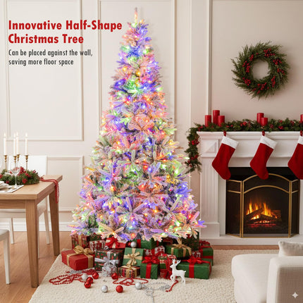 Dreamade 7 FT Half Snow Flocked Christmas Tree with 240 Warm White & Multicolored LED Lights