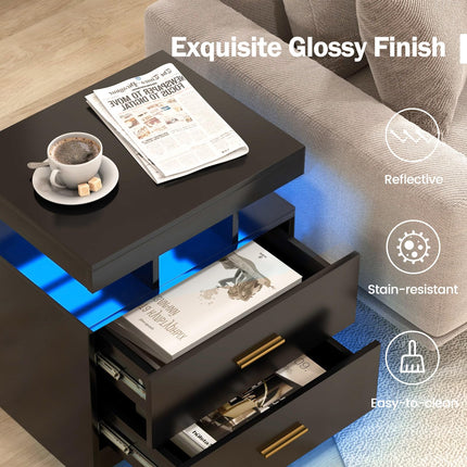 Dreamade LED Nightstand, Modern Black Bedside Tables with 2 Storage Drawers