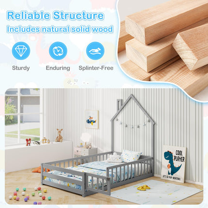 Dreamade Twin Floor Bed, House-Shaped Montessori Bed Frame with Headboard, Full-Length Guardrail