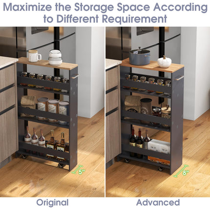 Dreamade 4 Tier Rolling Slim Storage Cart, 8” Narrow Slide Out Kitchen Cart w/Handle & Open Shelves