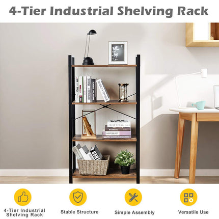 Dreamade 4-Tier Industrial Bookshelf, Vintage Bookcase with Metal Frame, Standing Shelf Unit