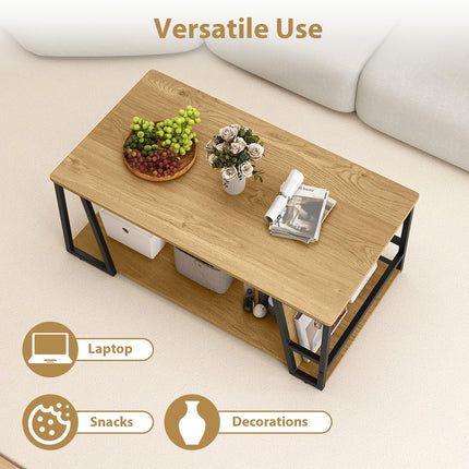 Dreamade Rectangle Coffee Table 2-tier Industrial Accent Table with Storage Shelf and Compartment