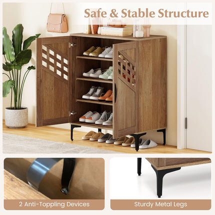 Dreamade 4-Tier Wooden Shoe Organizer Cabinet with Hollow Woven Doors & 3 Removable Shelves