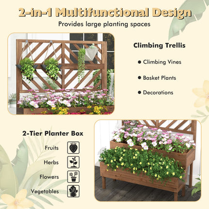 Dreamade Raised Garden Bed with Trellis, 2-Tier Wooden Planter Box with Legs and Drain Holes (Brown)