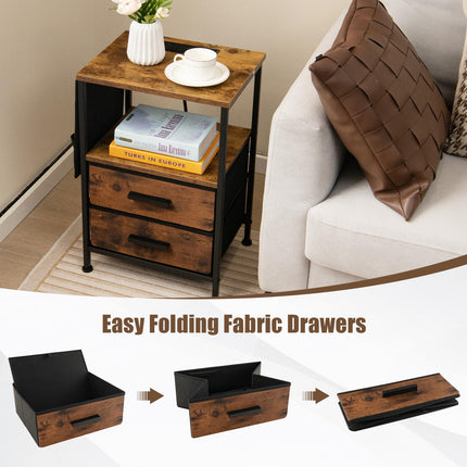Dreamade Nightstand with Charging Station, Industrial Bedside Table with 2 Fabric Drawers & 6 Storage Pockets