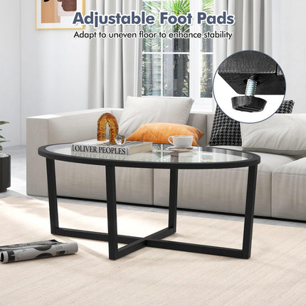 Dreamade Glass Coffee Table, 46.5" Oval Accent Sofa Tea Table with Tempered Glass Top, Cross Base & Acacia Wood Legs