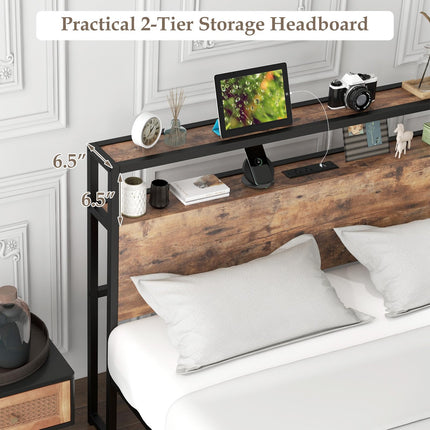 Dreamade Full Bed Frame with Storage Headboard and Charging Station, with Outlets and USB Ports