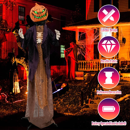 DREAMADE Halloween 5.6FT Sound Activated Pumpkin Man with Green LED Eyes