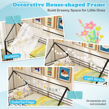 Dreamade Twin Over Twin Bunk Bed with Slide & Ladder House-Shaped Metal Bunk Bed Frame with Safety Guardrail & Roof