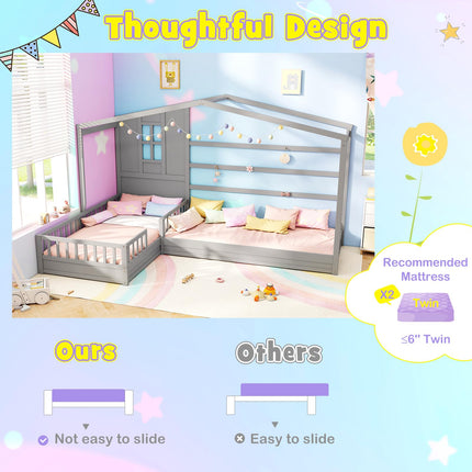 Dreamade Double Twin Beds for Kids, House L-Shaped Platform Beds with Window & Fences