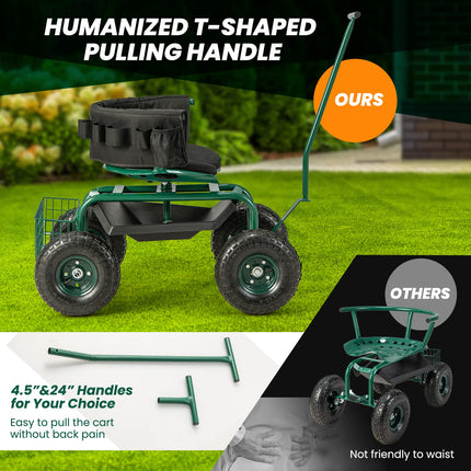 Dreamade Garden Cart, Rolling Workseat with 4 Wheels, Tool Tray, Removable Cushion, Storage Basket