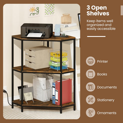 Dreamade Corner Printer Stand 3-Tier Corner Shelf with Charging Station and Metal Frame