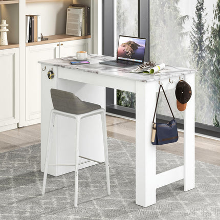 Dreamade Bar Table, 47” Counter Height Dining Table with 7 Hanging Hooks, Compartment, Cabinet & Adjustable Shelf
