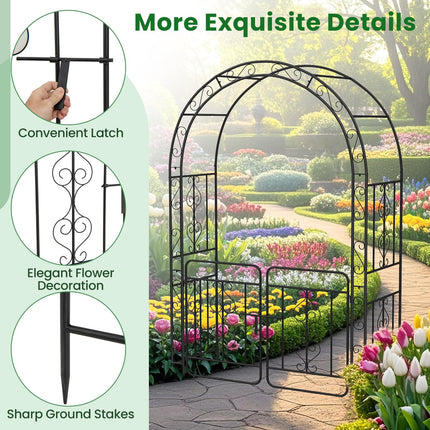 Dreamade Garden Arbor with Gate, 84" H x 54" W Metal Arch Trellis for Climbing Plants Rose Vines