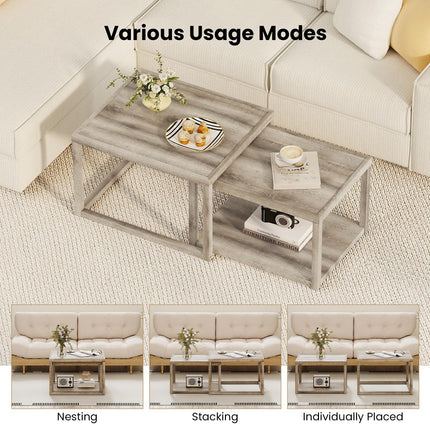 Dreamade Nesting Coffee Tables Set of 2 with Storage Shelf Rubber Wood