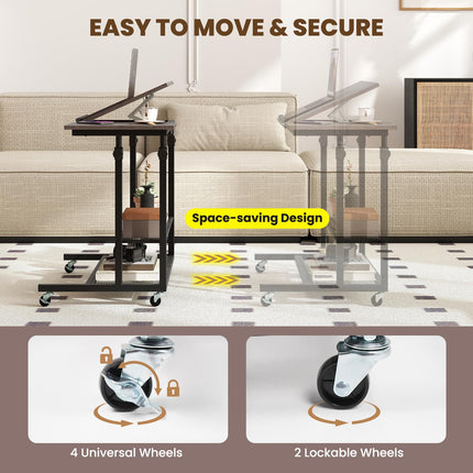 Dreamade Adjustable Rolling Computer Desk with Tilting Desktop and Storage Shelves