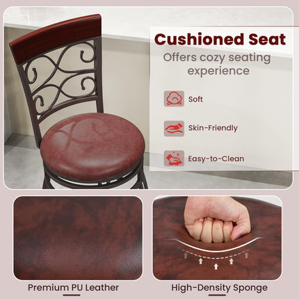 Dreamade 30" Swivel Bar Stools Set of 2, Bar Height Bar Stools w/Back, Upholstered PU Leather Seat, Footrest, Rustic Brown