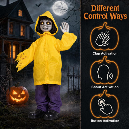 DREAMADE 30 Inch Halloween Little Yellow Raincoat Animatronic Prop Decor
