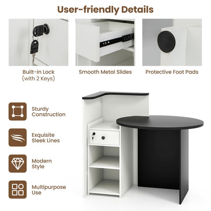 Dreamade Reception Desk, Front Counter Desk with Lockable Drawer, Checkout Table with Round Tabletop