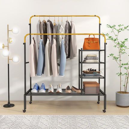 Dreamade Double Rods Garment Rack with Wheels, Clothing Rack w/ 2 Hanging Height Adjustable Rods, Side Mesh Racks