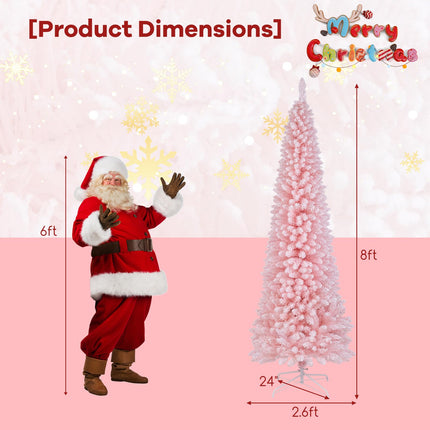 Dreamade 8ft Pink Slim Pencil Christmas Tree, Artificial Unlit Skinny Xmas Full Tree with 1000 Branch Tips