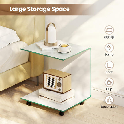 Dreamade C-Shaped End Table with Wheels - Mobile Tempered Glass Sofa Couch Side Table w/2-Tier Storage Shelf