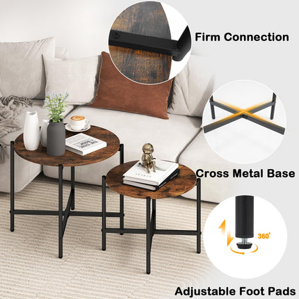 Dreamade Round Coffee Table Set of 2, Nesting Tables with Metal Frame, Imitated Wood Grain Top