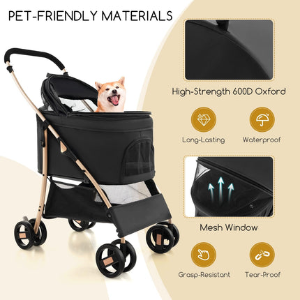 Dreamade Pet Stroller 3-in-1, Folding Dog Stroller Detachable Carrier Car Seat (Black & Gold)