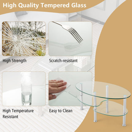 Dreamade Oval Glass Coffee Table - 3-Tier Transparent Tempered Glass Center Table with Metal Stand, 35"× 20" ×18"