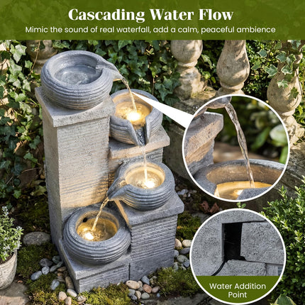 Dreamade 4-Tier Water Fountain Outdoor with Warm LED Lights & Pump