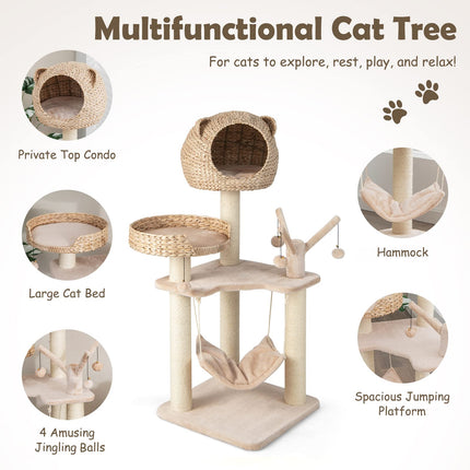 Dreamade Wooden Cat Tree, 48 inches Cat Tower with Cattail Condo, Cat Bed, Hammock, Rotatable Jingling Balls