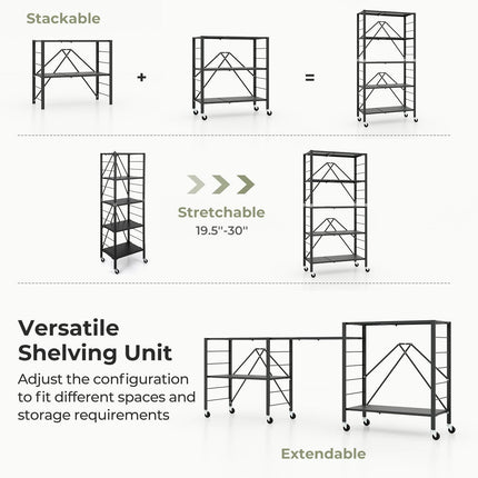 Dreamade 5-Tier Foldable Storage Shelf with Wheels Set of 1/2, Collapsible Shelving Unit with Adjustable Shelves