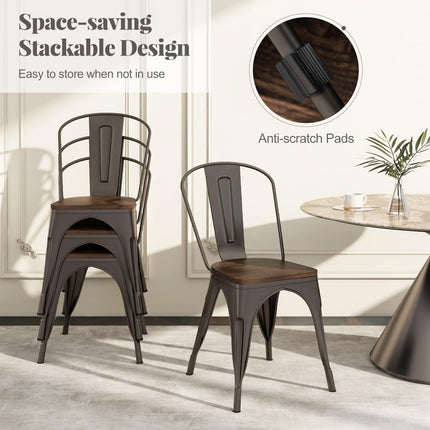 Dreamade Metal Dining Chairs Set of 4, Stackable Kitchen Chairs with Wood Seat & Removable Backrest