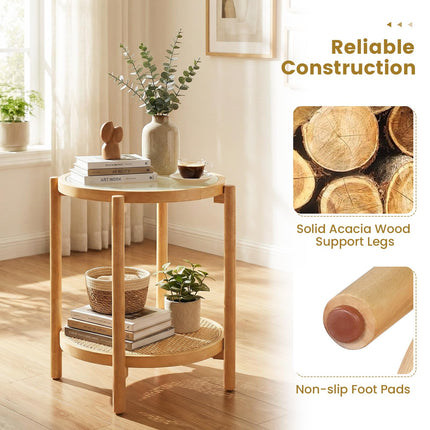 Dreamade 2-Tier Boho Rattan Round Side Table w/Tempered Glass Top (1/2)