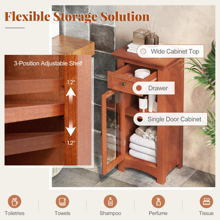 Dreamade Small Bathroom Storage Cabinet, Freestanding Narrow Bathroom Cabinet with Single Glass Door, Drawer