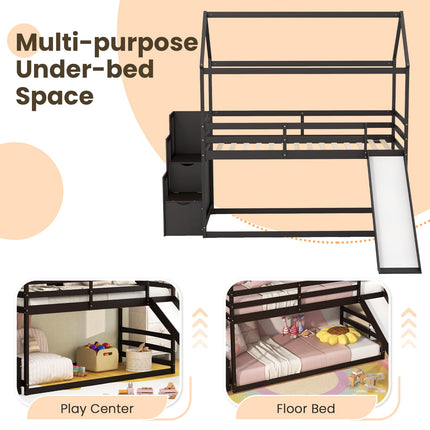 Dreamade House Bunk Bed Twin Over Twin with Slide and Storage Stairs, Solid Wood Low Loft Bed Frame with Roof & Guardrail