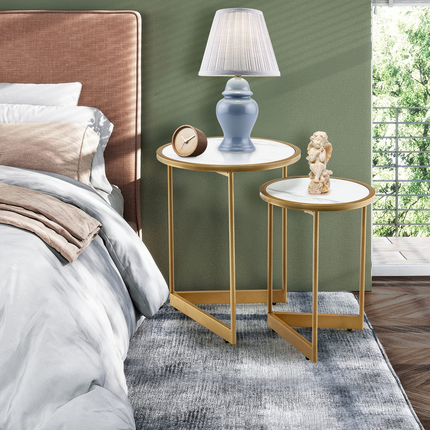 Dreamade Round Nesting Table Set of 2, Modern Marble Texture Coffee Tables