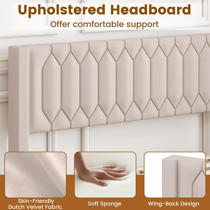 Dreamade Queen Size Dutch Velvet/Linen Fabric Upholstered Platform Bed with Wingback Headboard and Wooden Slat Support