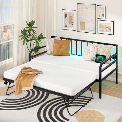 Dreamade Twin Daybed with Trundle, Twin Bed Frame with Charging Station & LED Lights, Metal Trundle Bed Twin w/Steel Slats Support