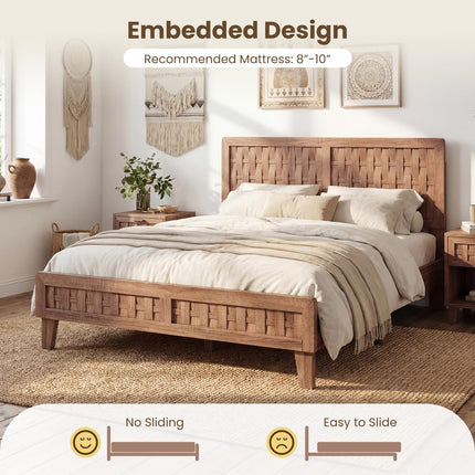 Dreamade Wood Bed Frame with Woven Headboard (Full/Twin/Queen)