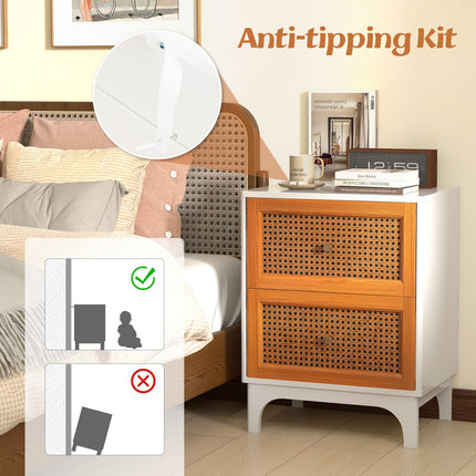 Dreamade Rattan Nightstand with Drawers, Natural Rattan End Table, Cane Accent Bedside Table with Solid Wood Legs for Bedroom