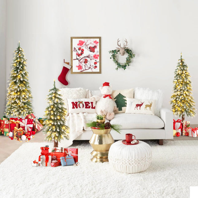 Dreamade 3' 4' 5' Pre-Lit Artificial Christmas Tree Set, Slim Pencil Xmas Trees with Snowy Leaves