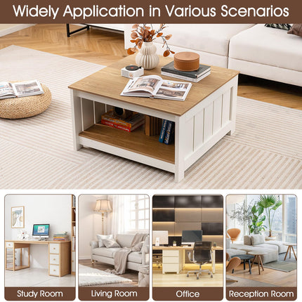 Dreamade 2-Tier Square Center Table for Living Room with Fence Design